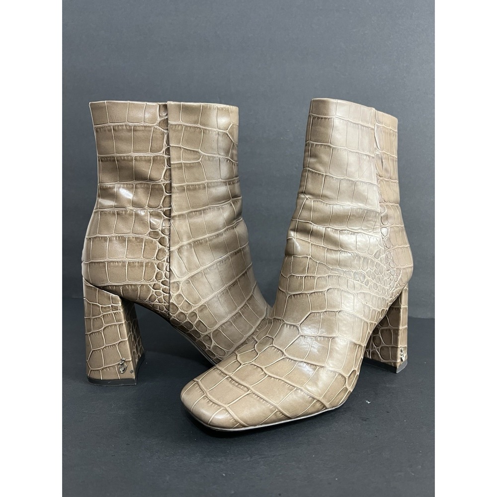 Sam Edelman Codie Faux Croc-Embossed Ankle Boots‎ Sz 9M Beige Block Heels Chic